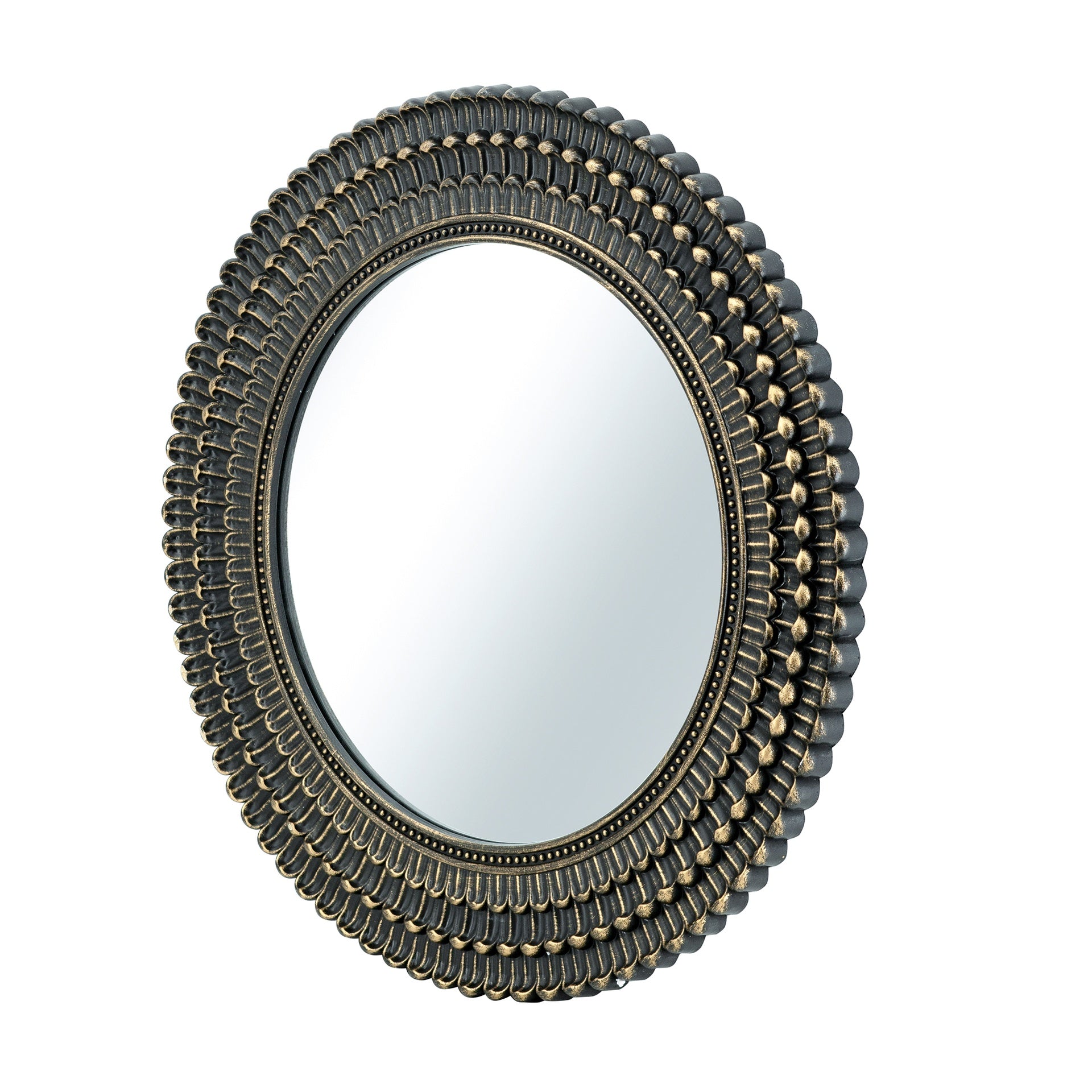 D26.5" Round Black And Gold Wooden Accent Mirror With Woven Texture