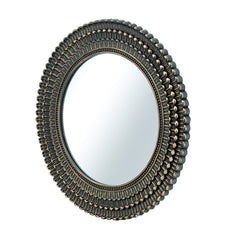 D26.5" Round Black And Gold Wooden Accent Mirror With Woven Texture