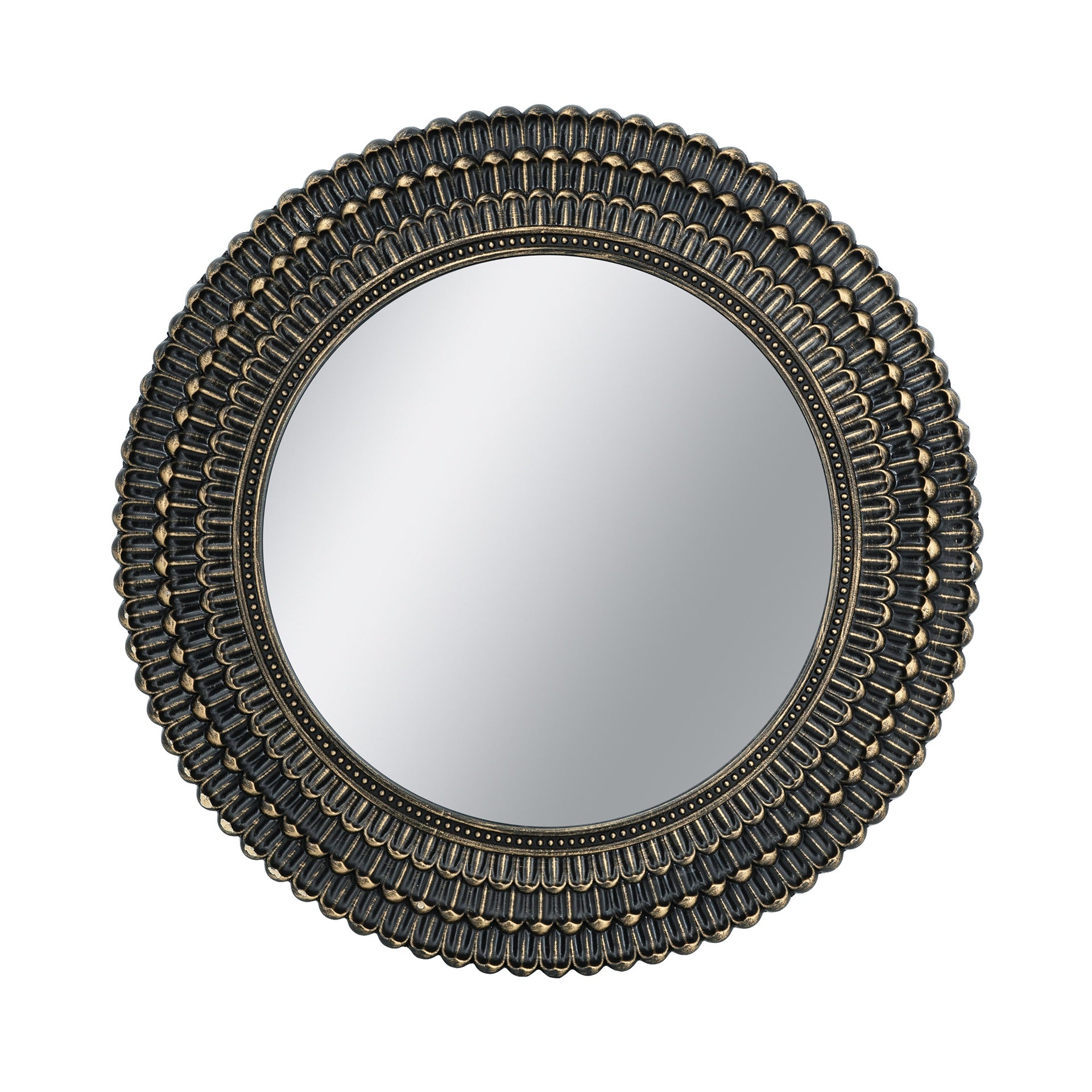 D26.5" Round Black And Gold Wooden Accent Mirror With Woven Texture