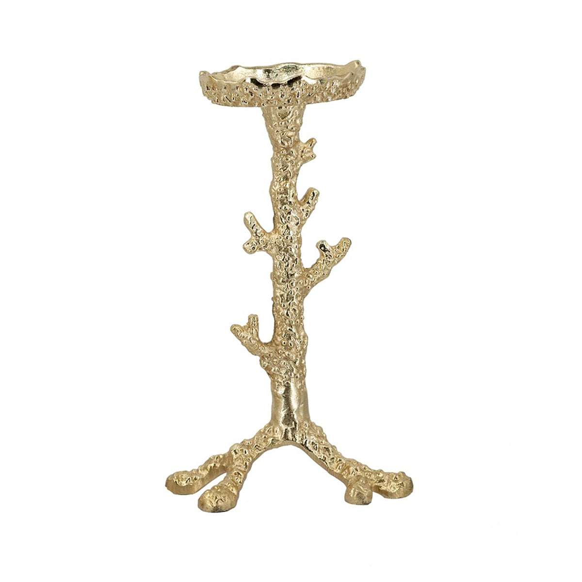 Set of 2 Gold Aluminum Pillar Candle Holder With Coral Branch Design, S:4.7x4.7x9.8" L:4.7x4.7x11.8"