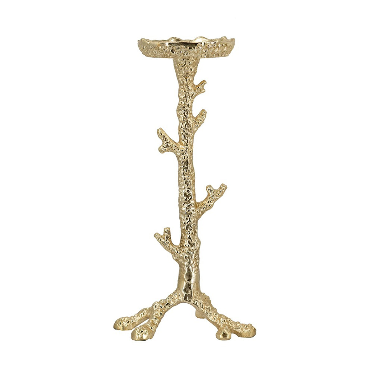 Set of 2 Gold Aluminum Pillar Candle Holder With Coral Branch Design, S:4.7x4.7x9.8" L:4.7x4.7x11.8"