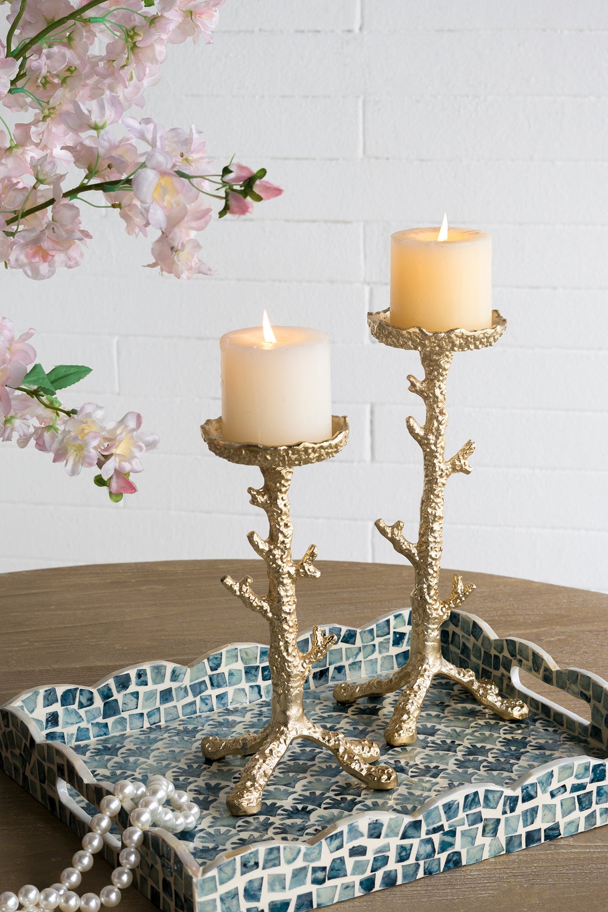 Set of 2 Gold Aluminum Pillar Candle Holder With Coral Branch Design, S:4.7x4.7x9.8" L:4.7x4.7x11.8"