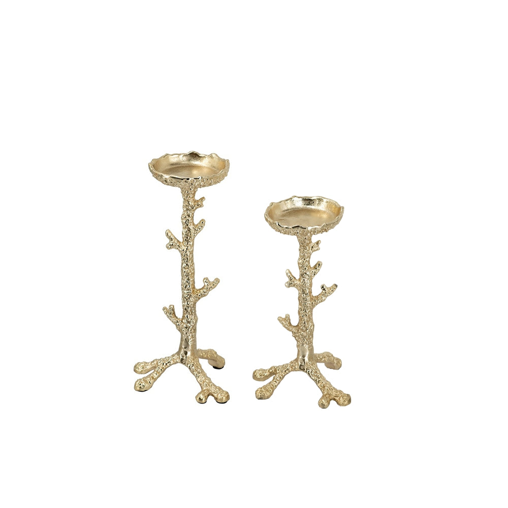 Set of 2 Gold Aluminum Pillar Candle Holder With Coral Branch Design, S:4.7x4.7x9.8" L:4.7x4.7x11.8"