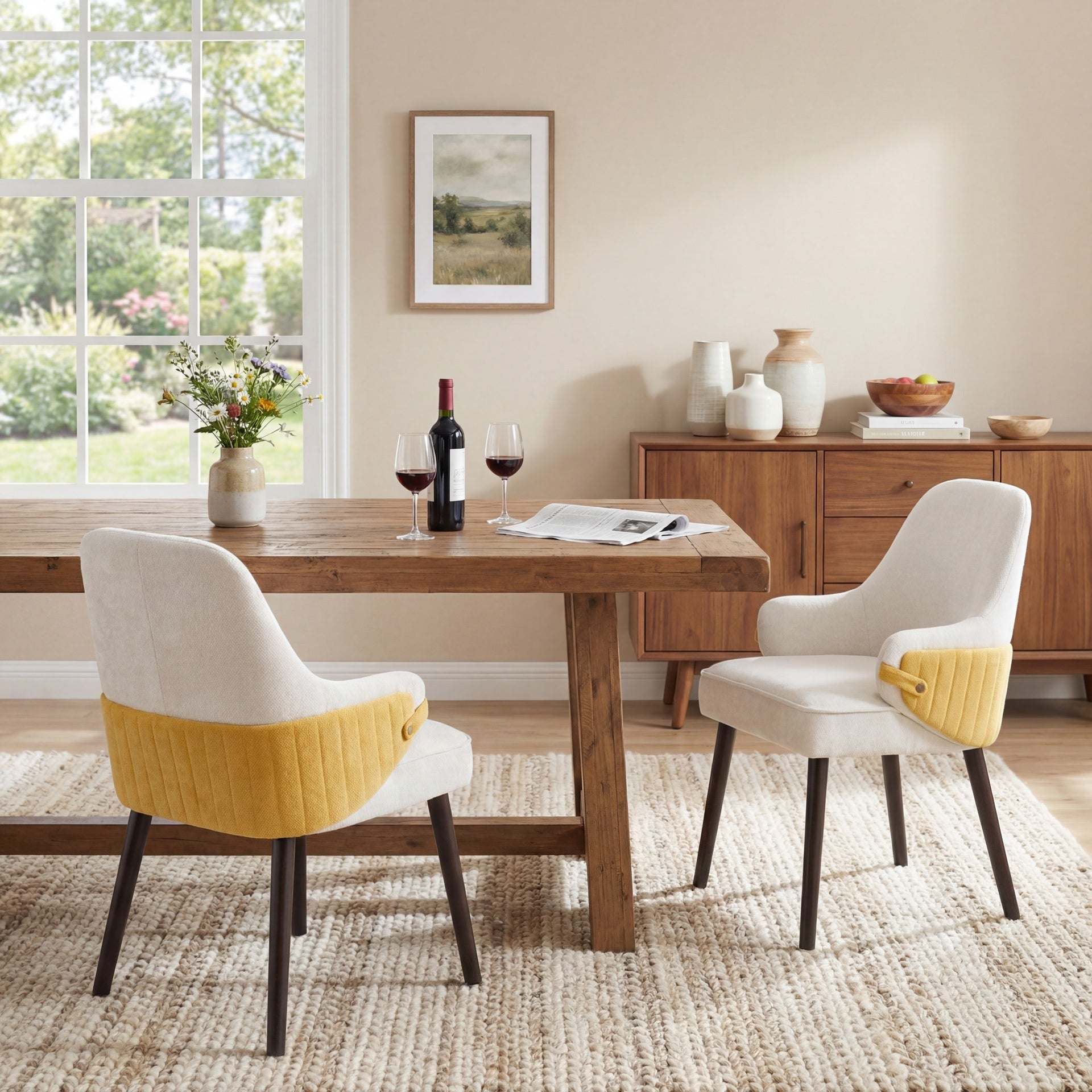 Indoor Dining Chair Set of 2, Beige & Yellow Two-Tone Fabric Armchair with Sturdy Frame, Modern Accent Chair for Dining Room/Living Area, 300lbs