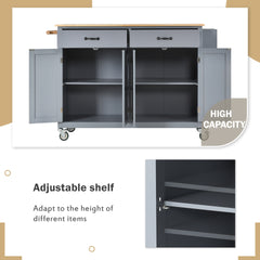 Kitchen Island Cart with Solid Wood Top and Locking Wheels,54.3 Inch Width,4 Door Cabinet and Two Drawers,Spice Rack, Towel Rack (Grey Blue)