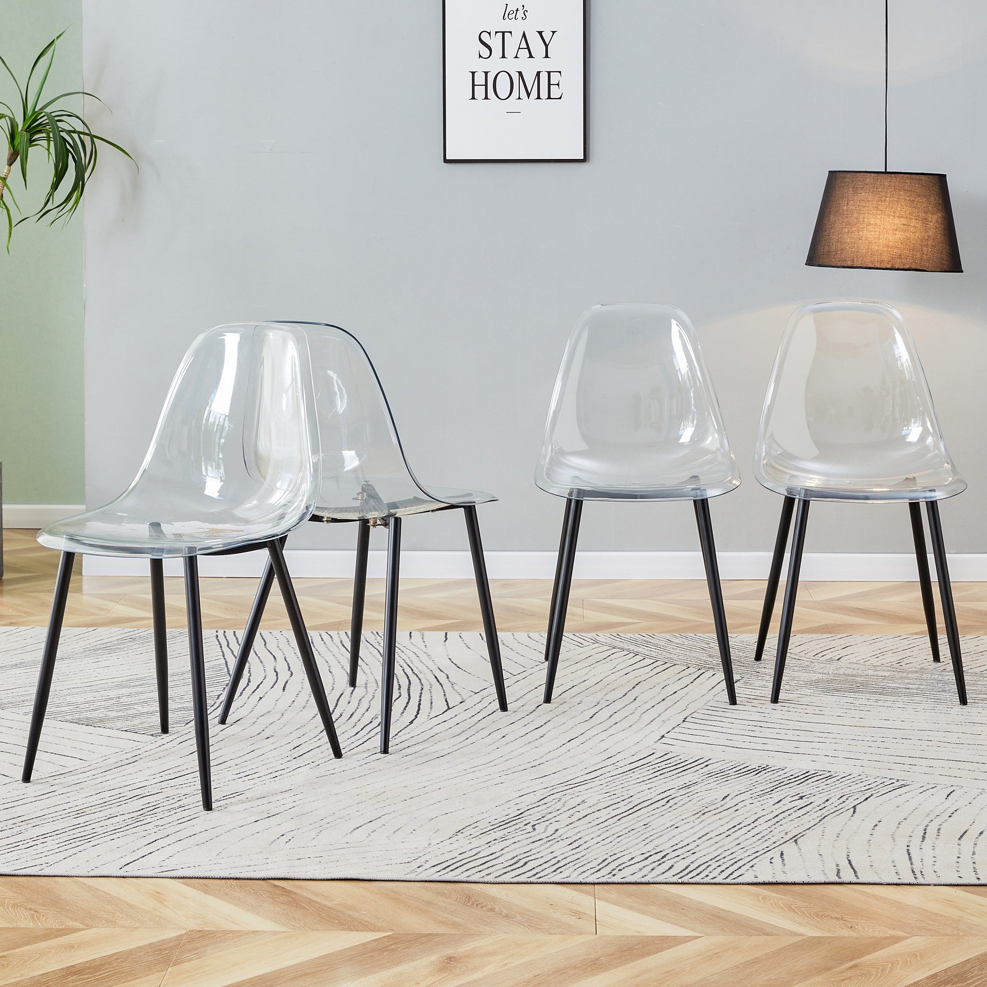 Modern minimalist transparent dining chair, plastic chair, armless crystal chair, Nordic creative makeup stool, negotiation chair, set of 4 pieces, black metal legs,TW-1200