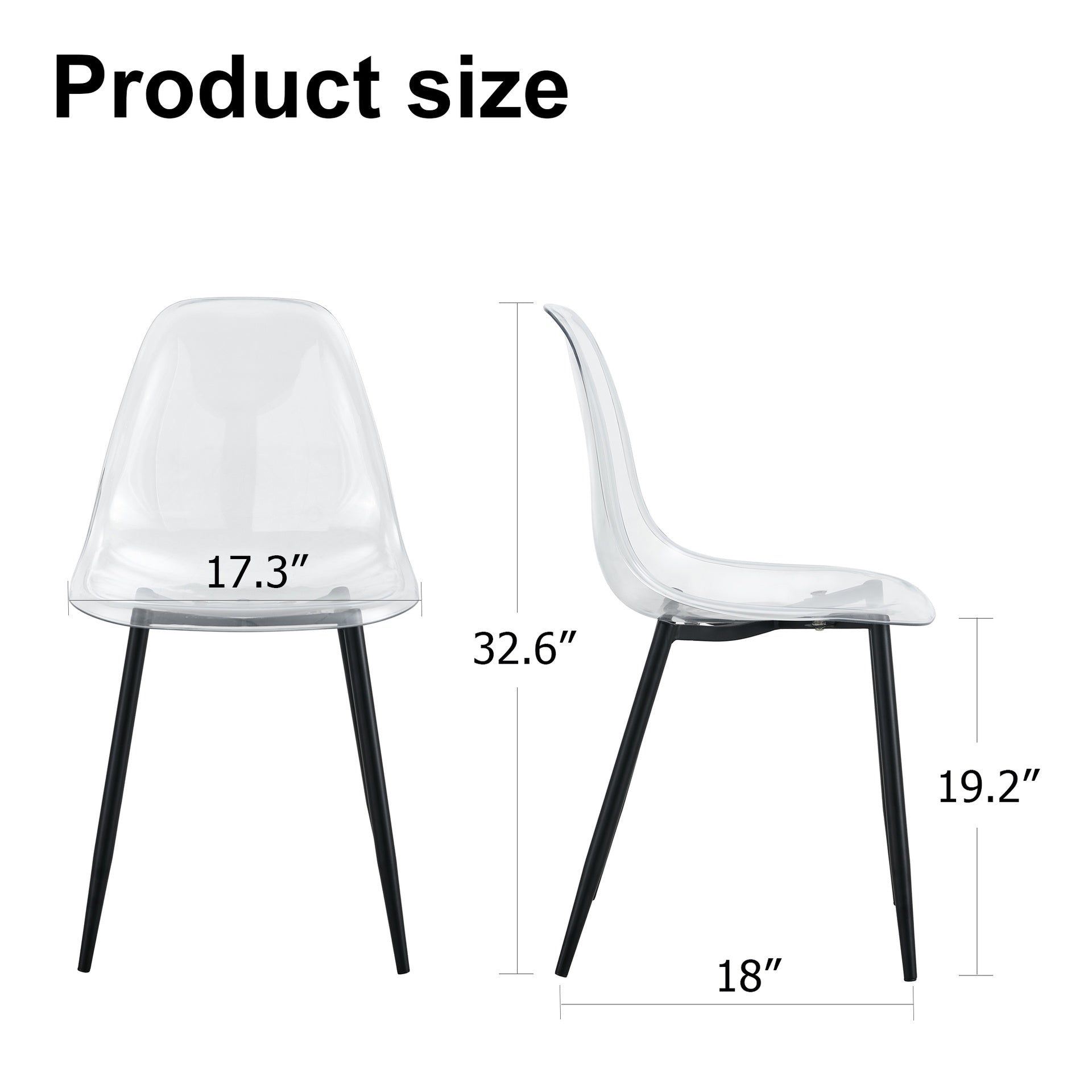 Modern minimalist transparent dining chair, plastic chair, armless crystal chair, Nordic creative makeup stool, negotiation chair, set of 4 pieces, black metal legs,TW-1200