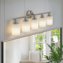 31" Modern 5-Light Vanity Wall Sconce, Brushed Nickel Finish with Frosted Glass Shades for Bathroom or Hallway Lighting (No Bulbs)