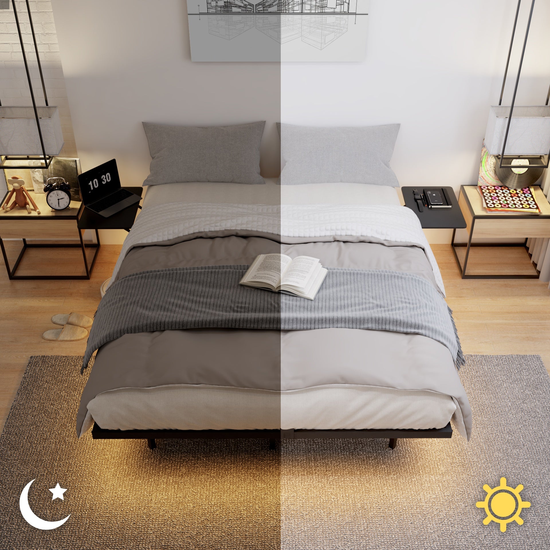 Queen Size Bed Frame , Heavy Duty Metal Bed Frame, Quick & Easy Assembly, LED light, No Noise, Black