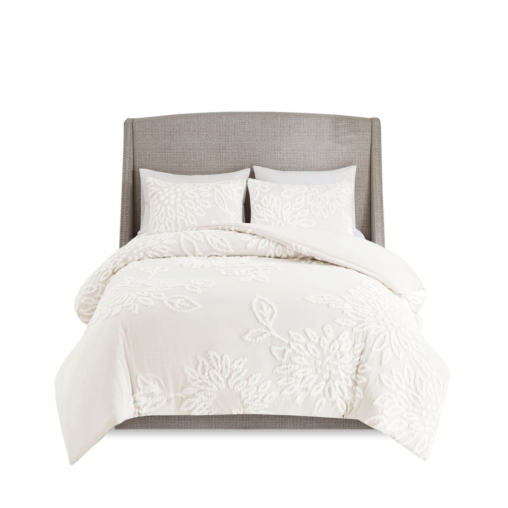 Full/Queen 3 Piece Tufted Cotton Chenille Floral Duvet Cover Set