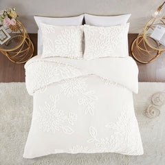 Full/Queen 3 Piece Tufted Cotton Chenille Floral Duvet Cover Set