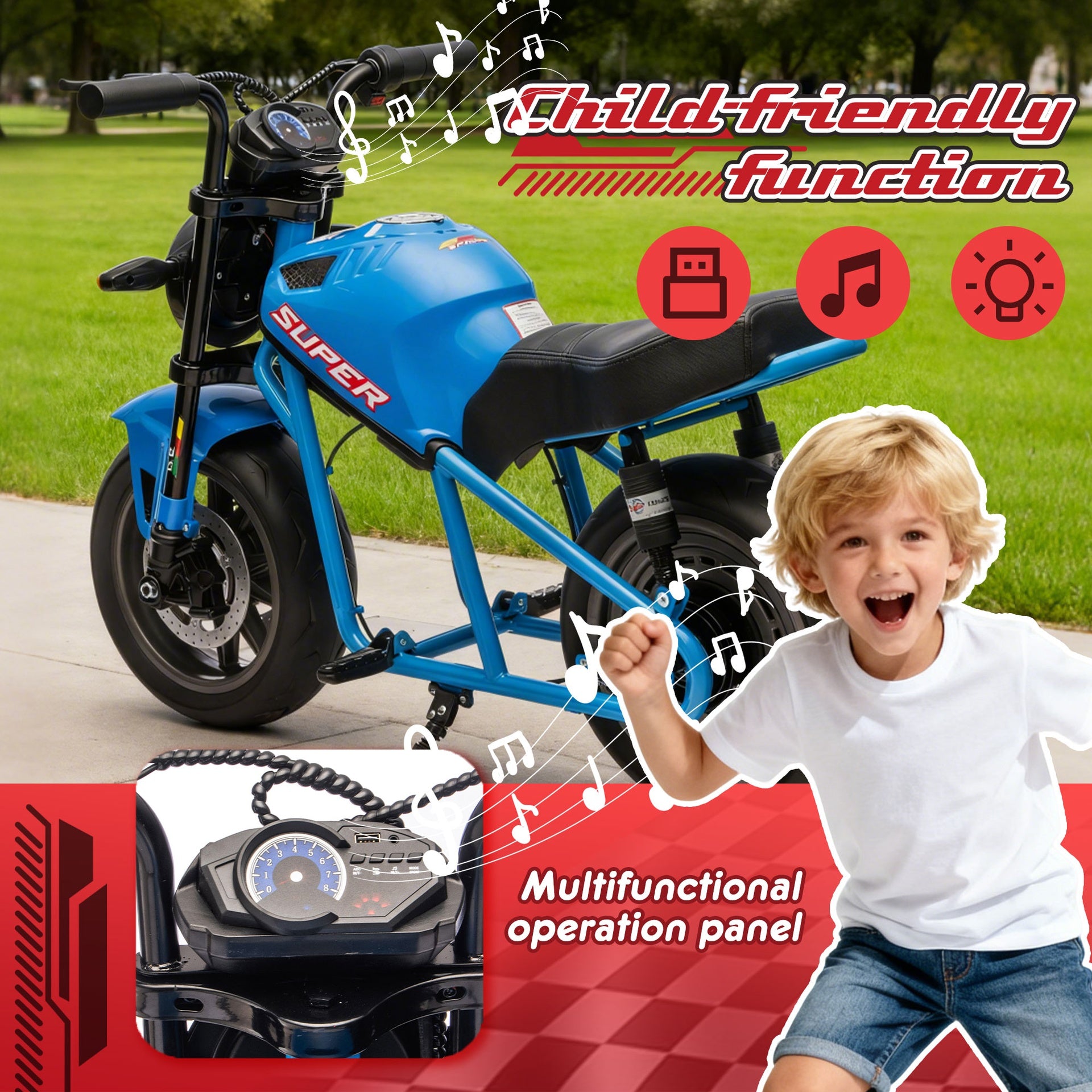24V300W Kids Ride On XL Electric Toy Muscle Motorcycle,High-Speed Hub Motor,14in Widen EVA Wheels,Twist Grip Throttle,Speed up to 11.18MPH,Dual Suspension,Music&Light,Long Life Battery For Kids 6+