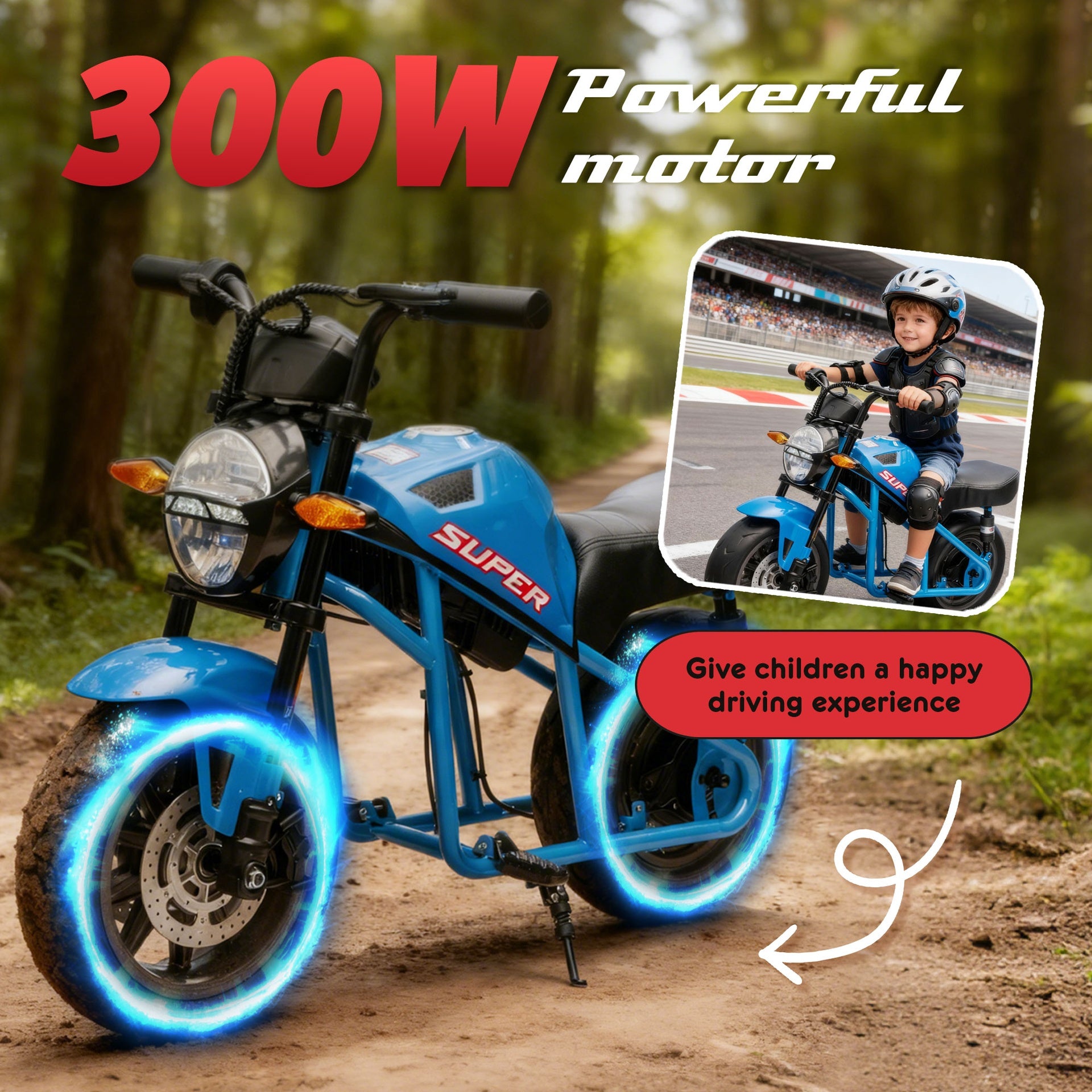 24V300W Kids Ride On XL Electric Toy Muscle Motorcycle,High-Speed Hub Motor,14in Widen EVA Wheels,Twist Grip Throttle,Speed up to 11.18MPH,Dual Suspension,Music&Light,Long Life Battery For Kids 6+