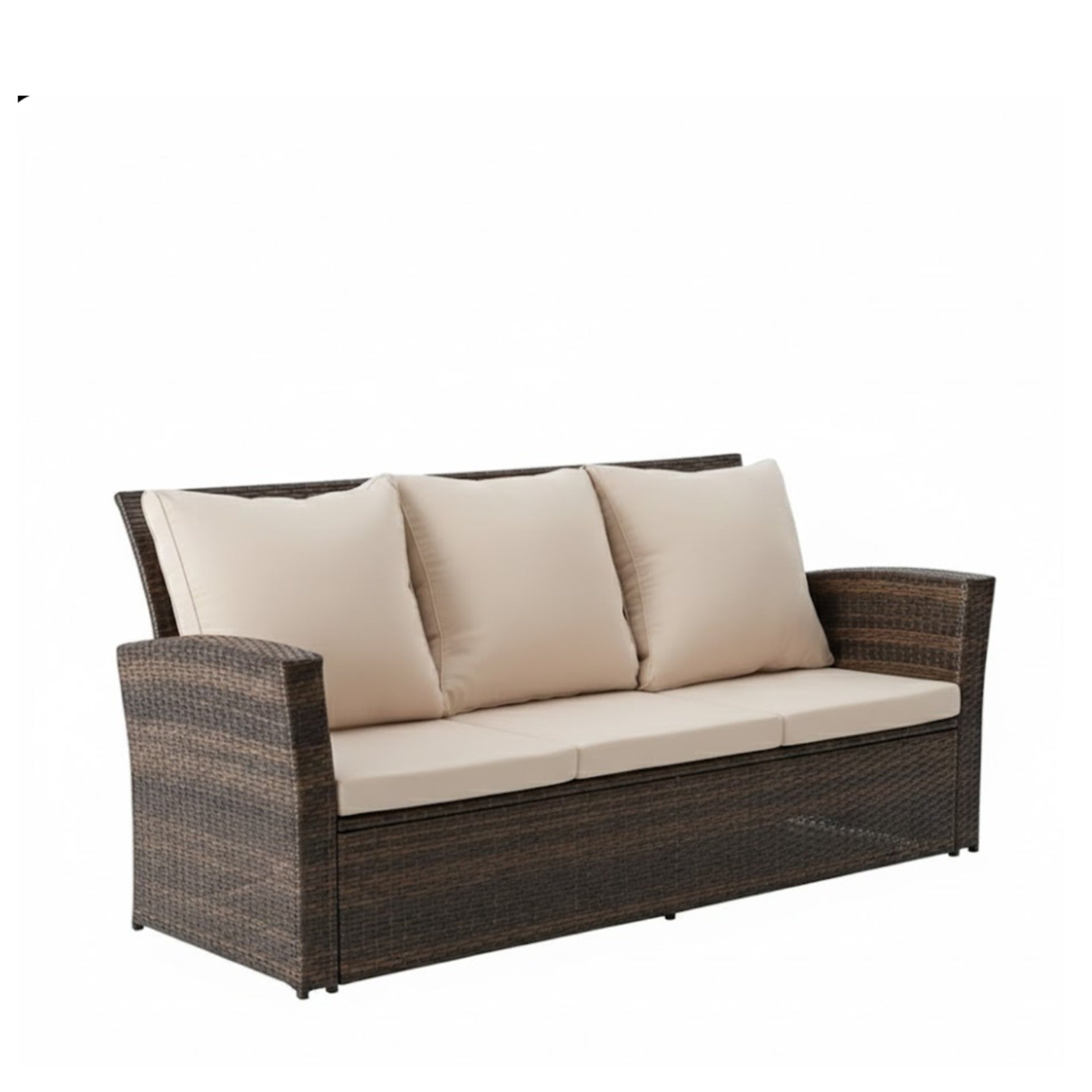 67.7" All-Weather Wicker 3-Seat Patio Sofa with Thick Biege Cushions & Black Frame
