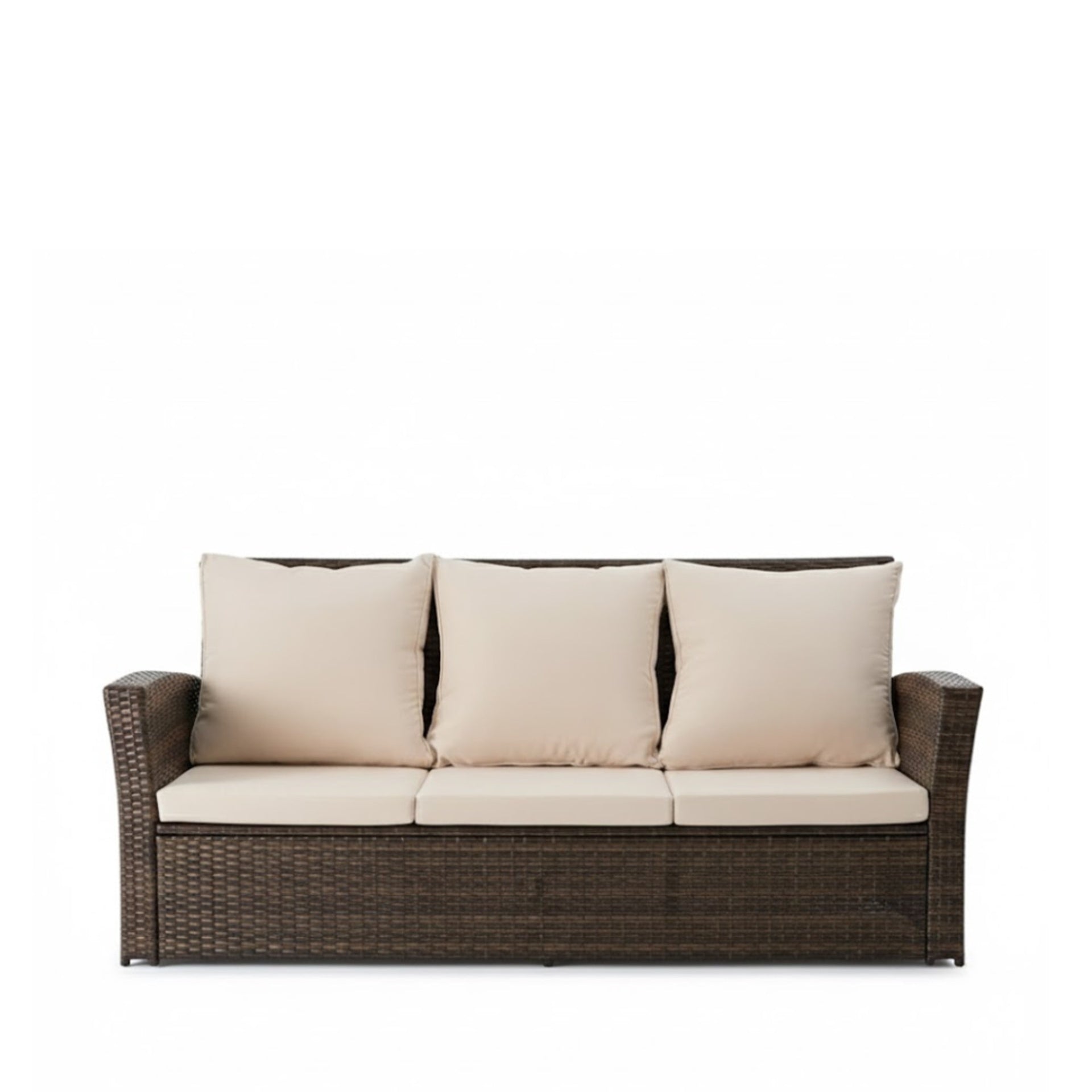 67.7" All-Weather Wicker 3-Seat Patio Sofa with Thick Biege Cushions & Black Frame