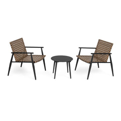 Modern Outdoor Chat Set: 2 PE Rattan Chairs + Black Steel & Tempered Glass Side Table – Durable & Stylish