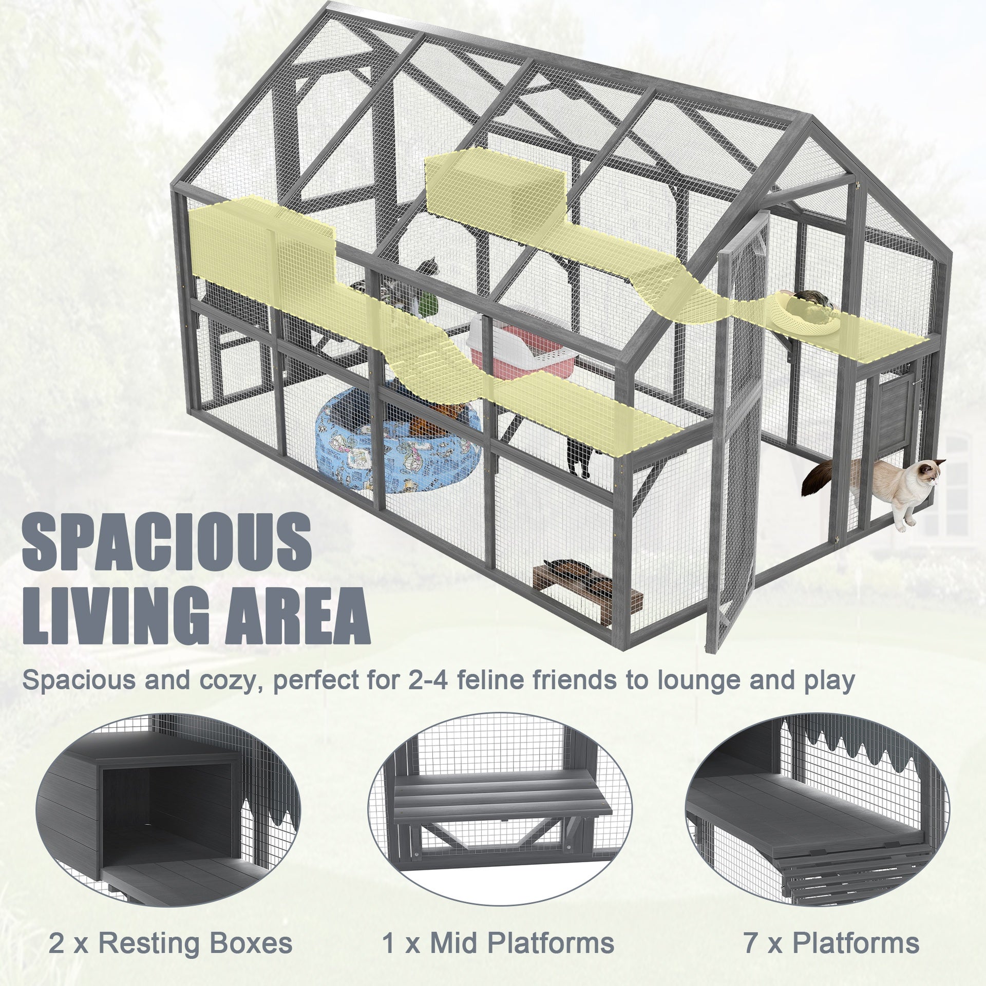 Cat, Large  Outdoor Cat Enclosure for Multiple Cats with 7Platforms, 2 Resting Box and 2 Bridges, Wooden Feral Cats Shelter with Waterproof and UV Proof Canopy, 110.24x 74.02 x 74.02 inch