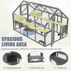 Cat, Large  Outdoor Cat Enclosure for Multiple Cats with 7Platforms, 2 Resting Box and 2 Bridges, Wooden Feral Cats Shelter with Waterproof and UV Proof Canopy, 110.24x 74.02 x 74.02 inch