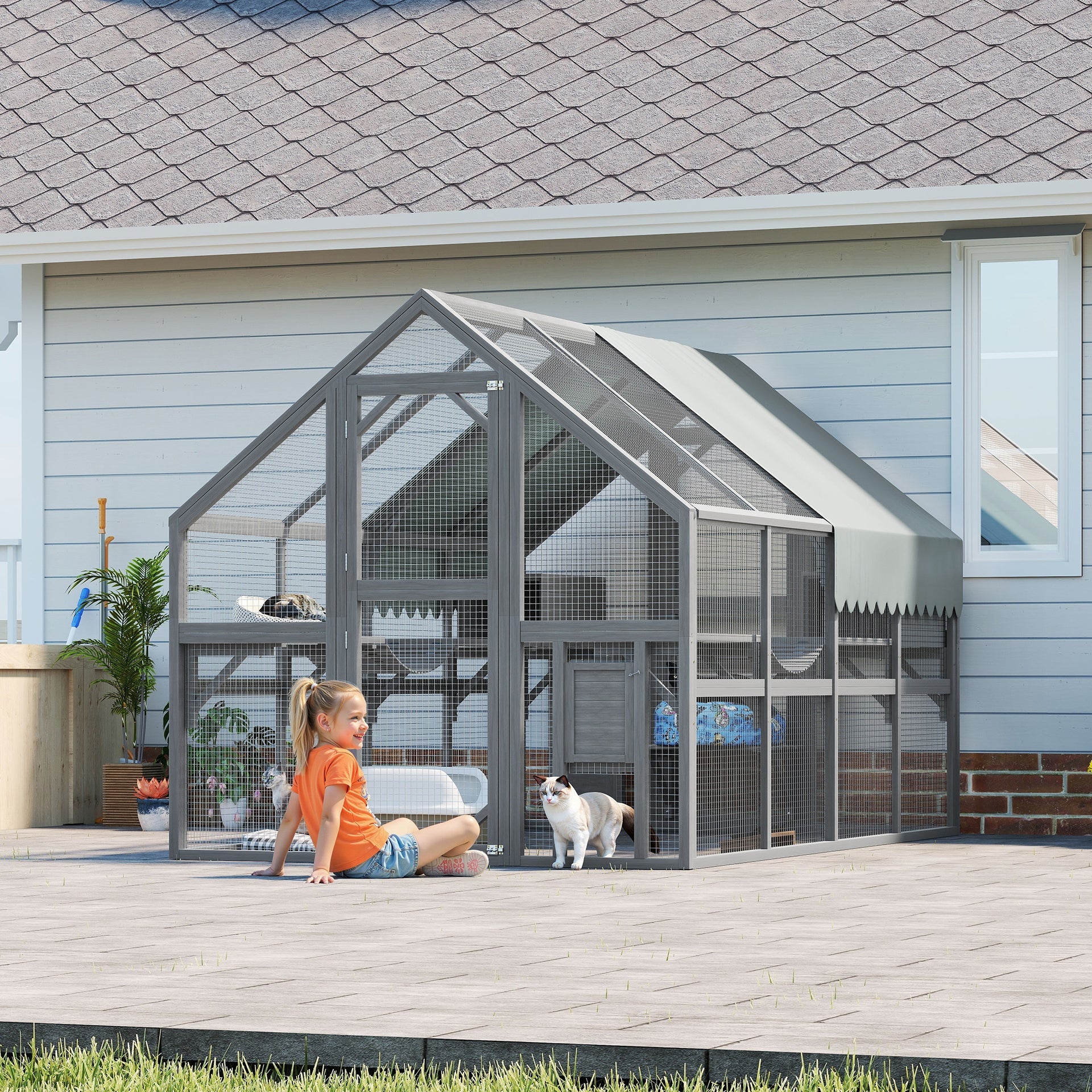 Cat, Large  Outdoor Cat Enclosure for Multiple Cats with 7Platforms, 2 Resting Box and 2 Bridges, Wooden Feral Cats Shelter with Waterproof and UV Proof Canopy, 110.24x 74.02 x 74.02 inch