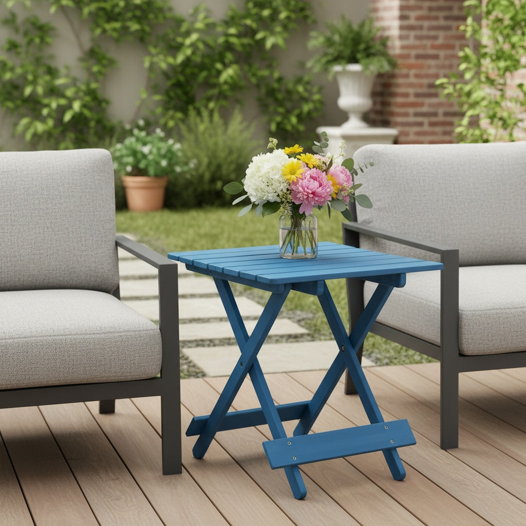 Folding Square Table Patio Outdoor solid wood Table for Backyard, Balcony, Portable Design Space-Saving Blue Color