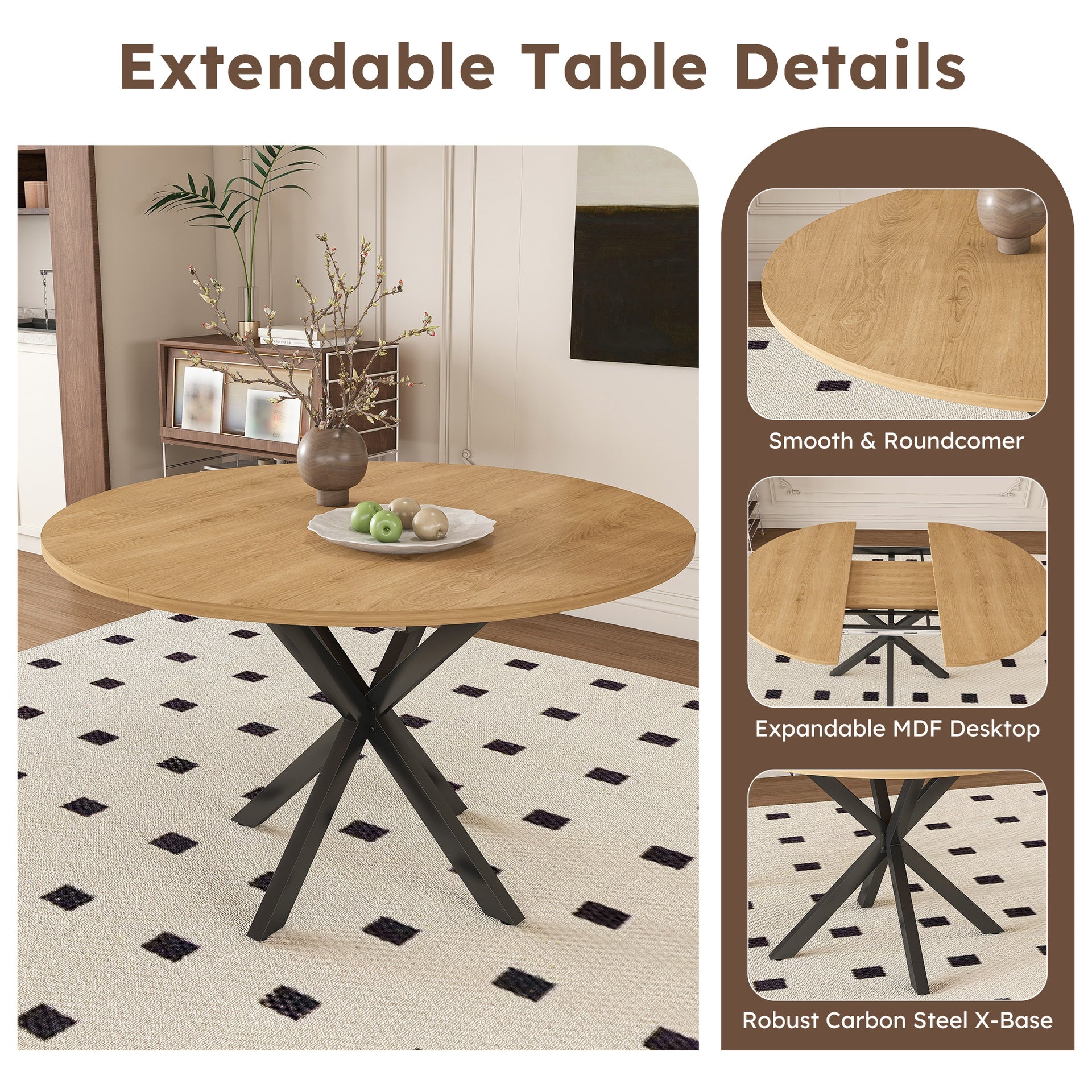 Extendable Round Dining Table for 2-6 Person, 43 to 58 Inch Oak Finish Expandable Table with Carbon Steel Base, Modern Space Saving Dining Room Furniture