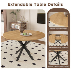 Extendable Round Dining Table for 2-6 Person, 43 to 58 Inch Oak Finish Expandable Table with Carbon Steel Base, Modern Space Saving Dining Room Furniture