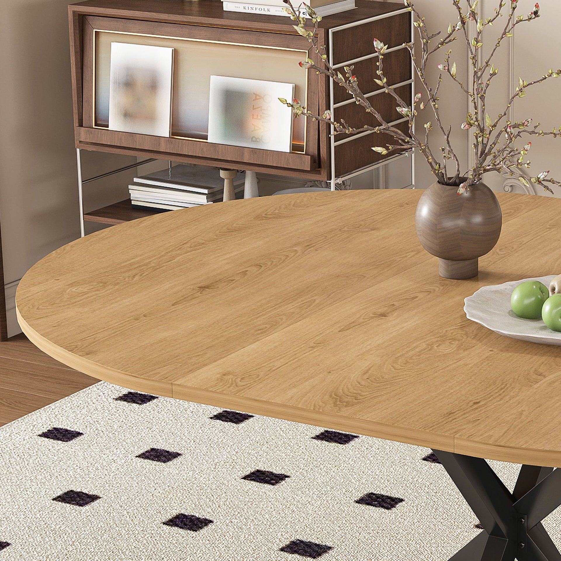 Extendable Round Dining Table for 2-6 Person, 43 to 58 Inch Oak Finish Expandable Table with Carbon Steel Base, Modern Space Saving Dining Room Furniture
