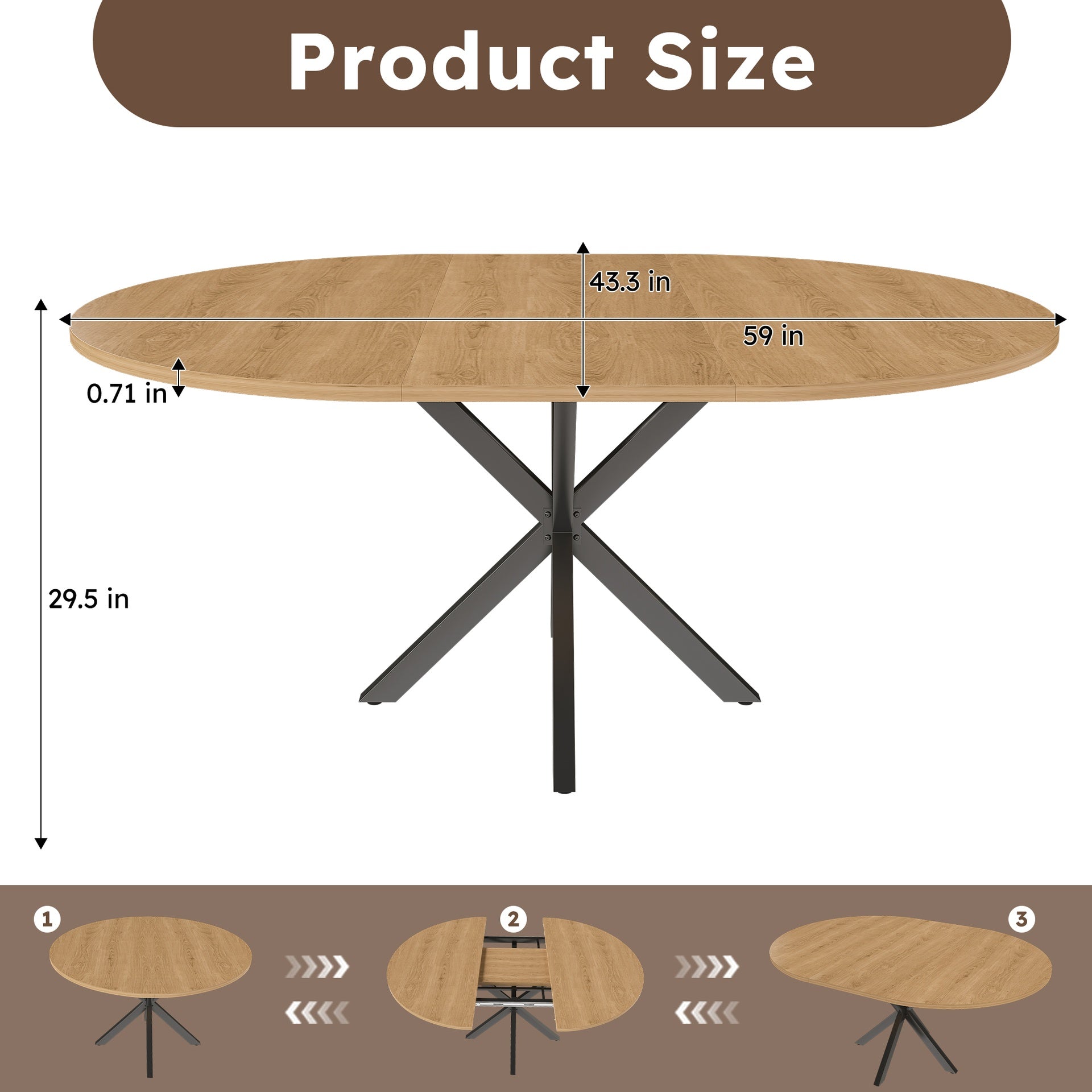 Extendable Round Dining Table for 2-6 Person, 43 to 58 Inch Oak Finish Expandable Table with Carbon Steel Base, Modern Space Saving Dining Room Furniture