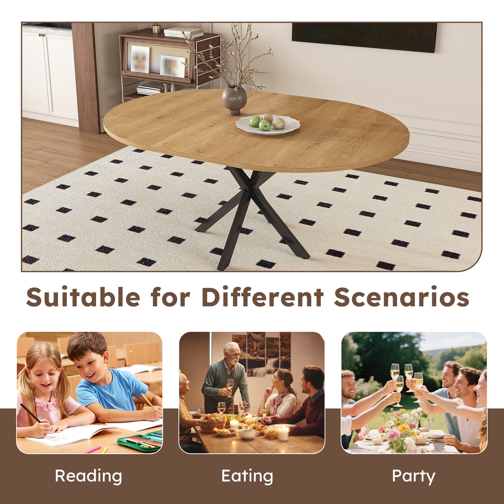 Extendable Round Dining Table for 2-6 Person, 43 to 58 Inch Oak Finish Expandable Table with Carbon Steel Base, Modern Space Saving Dining Room Furniture