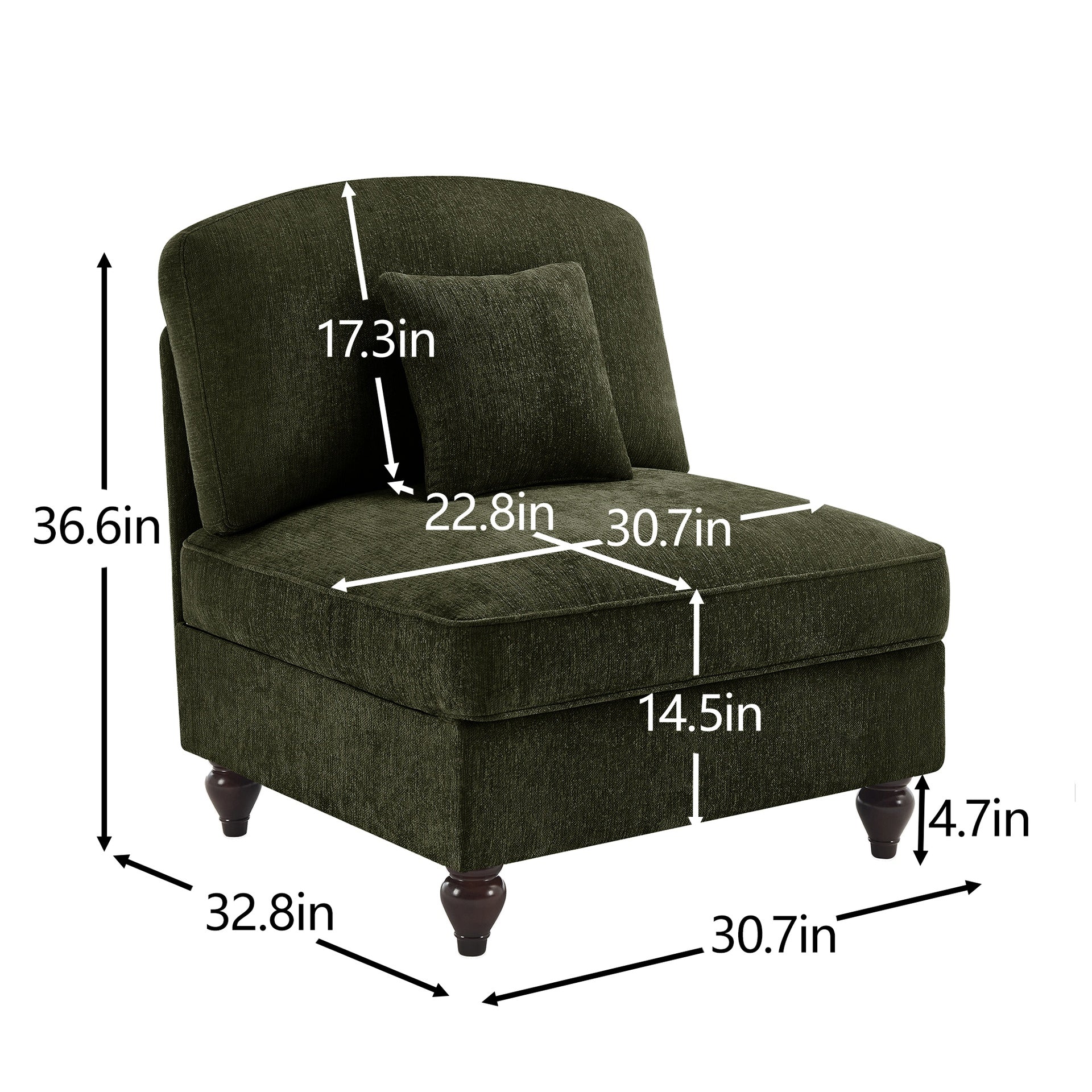 Armless Sofa Chenille W/1 Pillow -Green