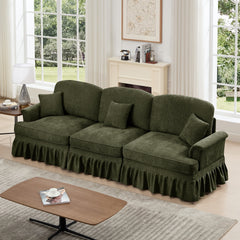 Elegant Mid Century Large 3 Seater Sofa Couch with Flared Arms and Removable Ruffles Pleats Skirts and Spindle Legs, Comfy Chenille Three-Seat Sofa for Living Room, Green