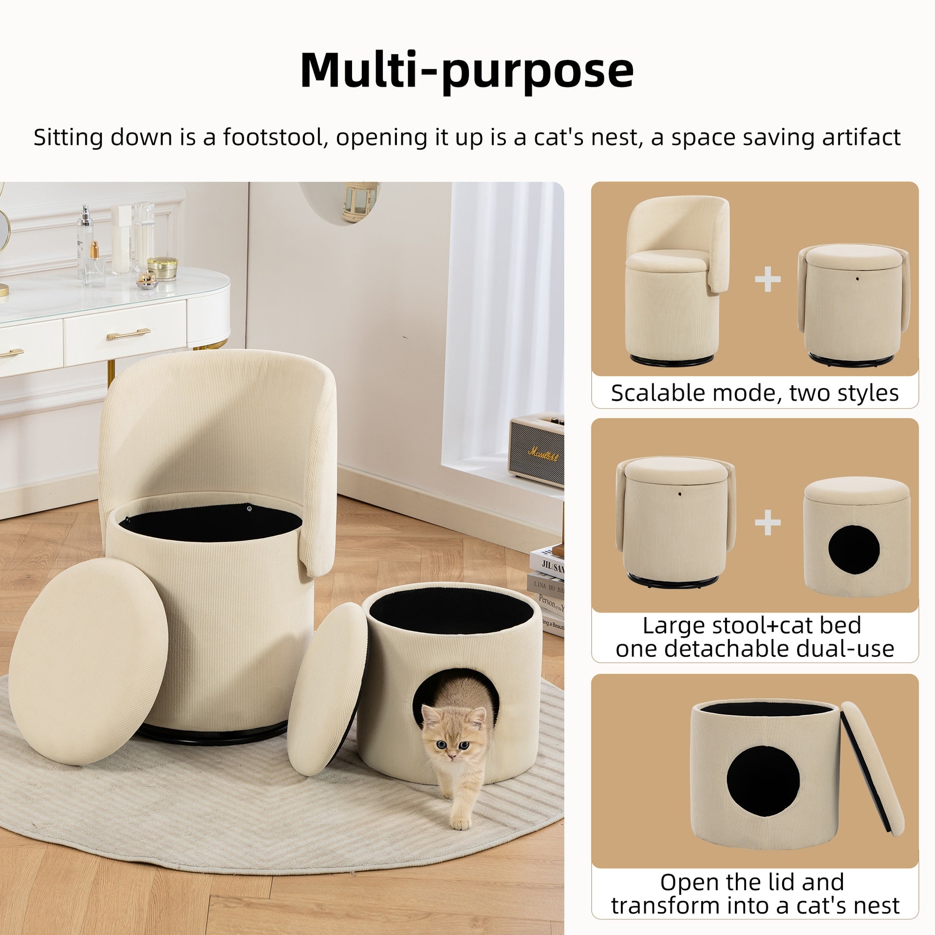 Stylish Upholstered Barrel Chair: 360° Swivel Vanity Stool for Bedroom & Dining Chair, Built-in Storage, Soft Padded Accent Seat, Multi-Functional for Dressing/Dining, Free Cat Bed Stool Included
