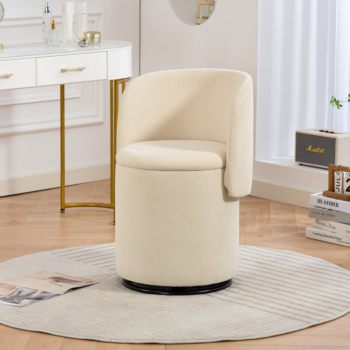 Stylish Upholstered Barrel Chair: 360° Swivel Vanity Stool for Bedroom & Dining Chair, Built-in Storage, Soft Padded Accent Seat, Multi-Functional for Dressing/Dining, Free Cat Bed Stool Included