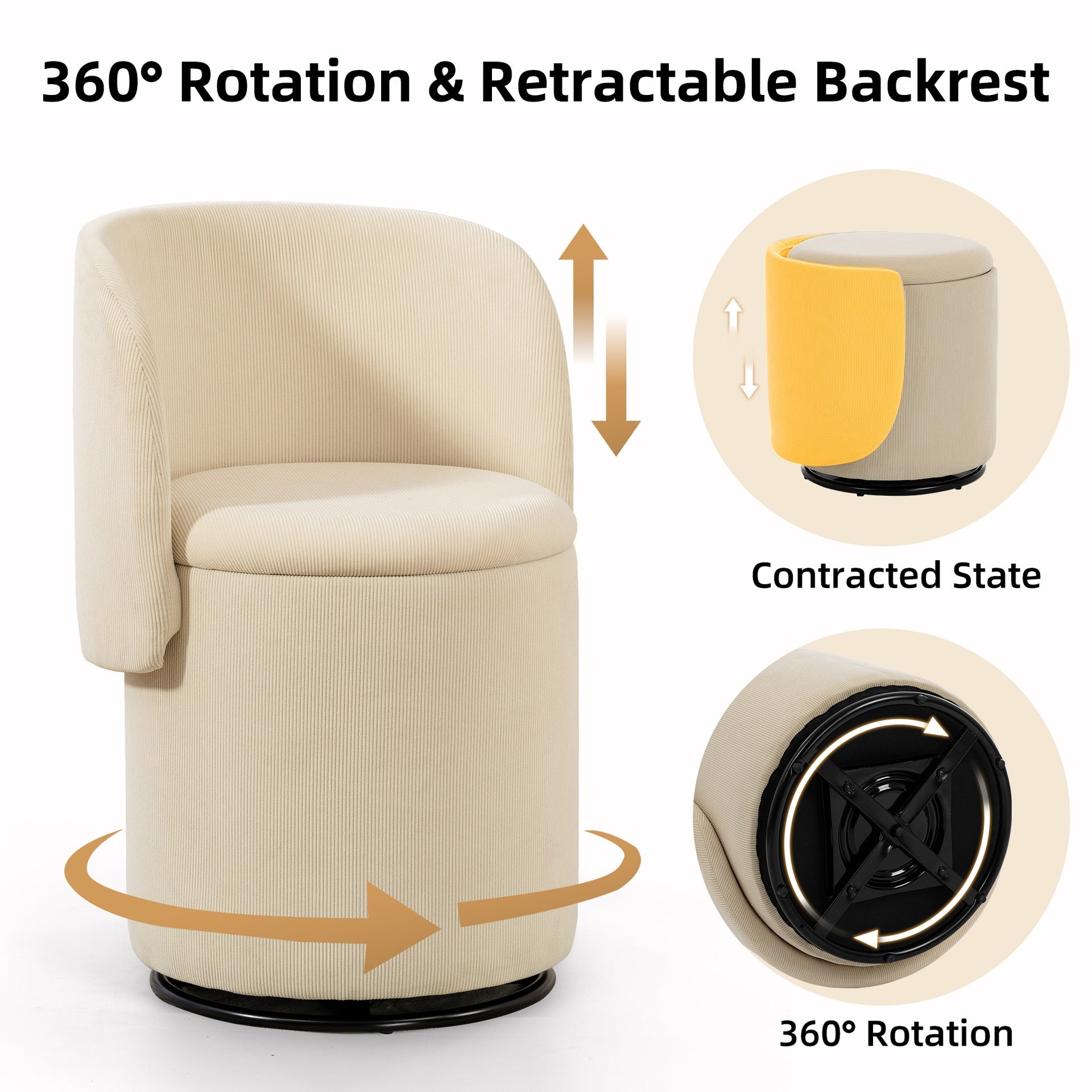 Stylish Upholstered Barrel Chair: 360° Swivel Vanity Stool for Bedroom & Dining Chair, Built-in Storage, Soft Padded Accent Seat, Multi-Functional for Dressing/Dining, Free Cat Bed Stool Included