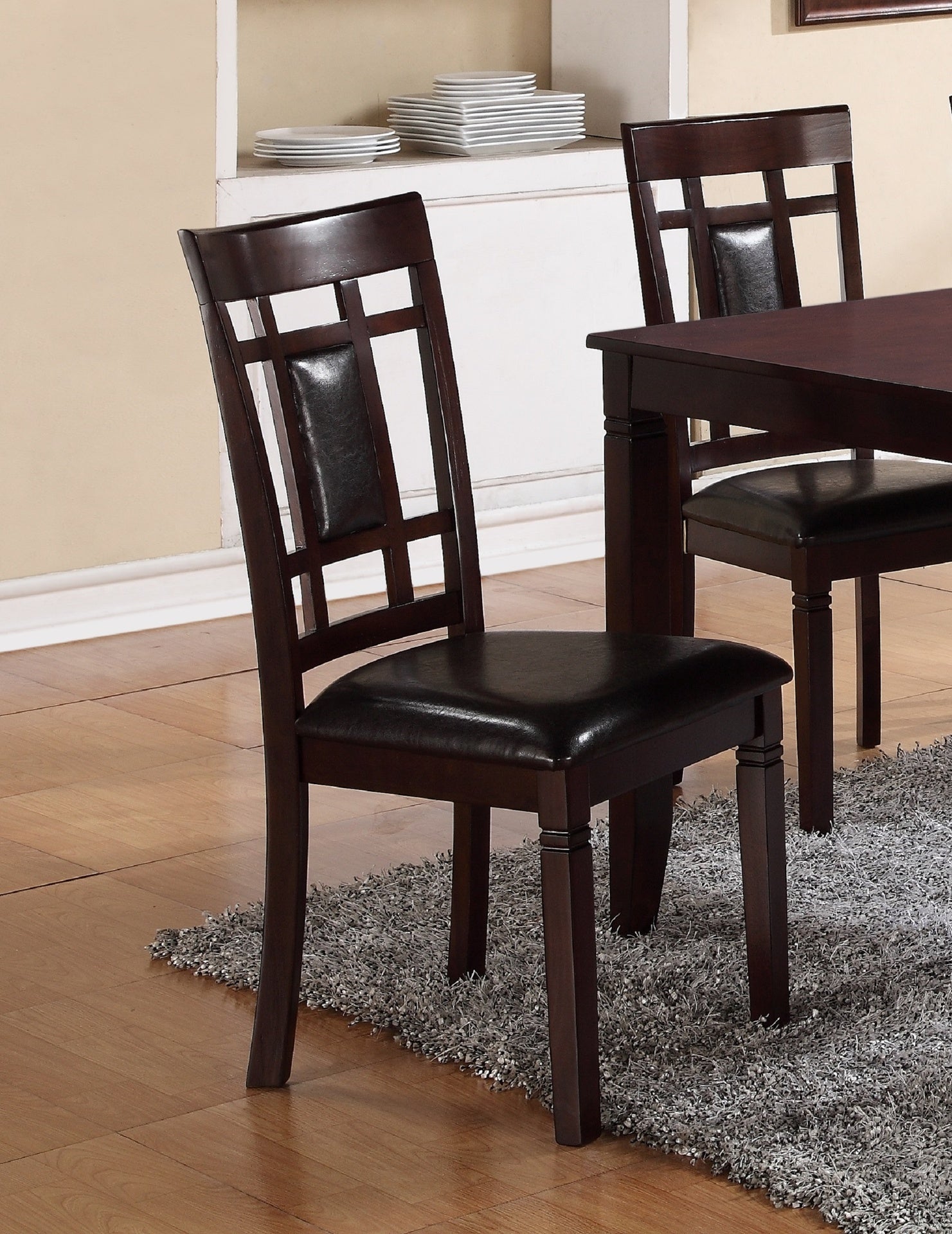 7-Pc Dinette Set Brown Espresso Finish Rectangular Table Faux Leather Upholstery Padded Lattice Design Side Chairs Dining Room Wooden Dining Set Furniture Contemporary Transitional Style
