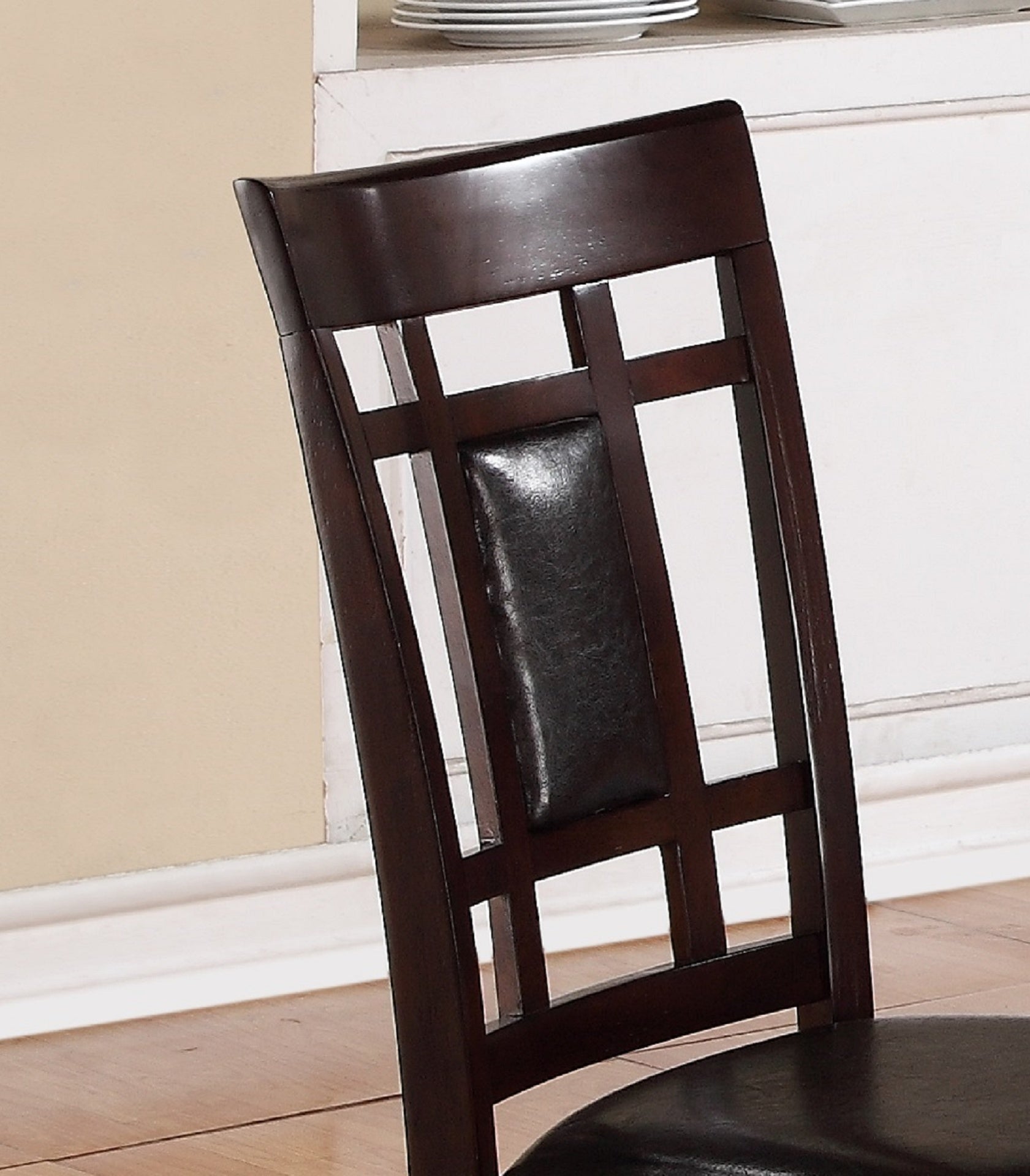 7-Pc Dinette Set Brown Espresso Finish Rectangular Table Faux Leather Upholstery Padded Lattice Design Side Chairs Dining Room Wooden Dining Set Furniture Contemporary Transitional Style