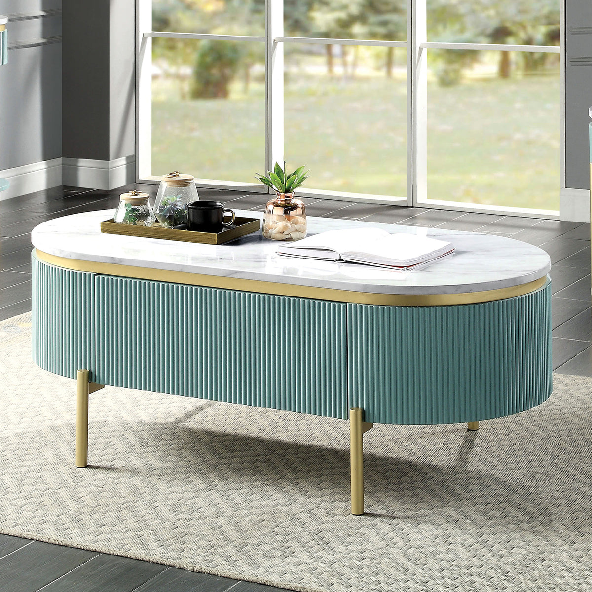 Glam Contemporary Light Teal 1pc Coffee Table White Faux Marble Top Living Room Table W Drawer