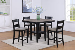 Rustic Farmhouse 5-Pc Counter Height Dining Set Square Table Wood Top Bottom Display Shelf Linen Look Fabric Upholstery Chair Wooden Dining Room Furniture Black Light Gray Two Tone Finish Dinette