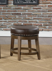 Round Swivel Stools Set of 2, Brown Faux Leather 360-degree Swivel Seat Nailhead Trim Solid Wood Frame Brown Finish Transitional Style Furniture
