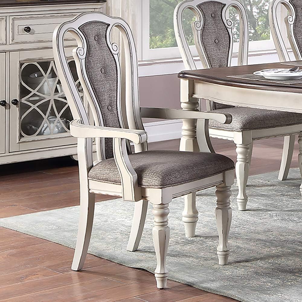 Antique White Set of 2pc Dining Arm Chairs Upholstered Tufted Unique Design Chairs Back Cushion Seat Dining Room