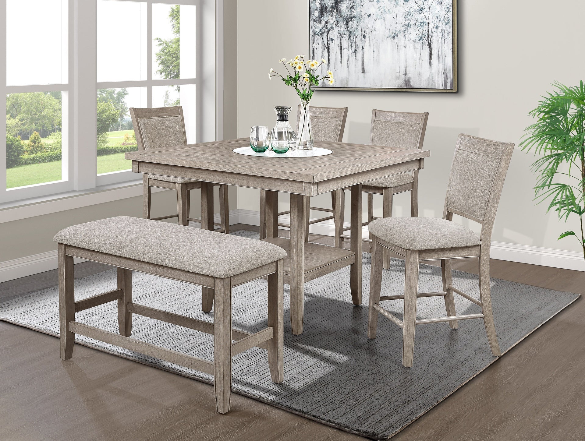 Farmhouse Style 1pc Tan / Beige Gray Color Counter Height Bench Footrest Upholstered Seat Wooden Furniture