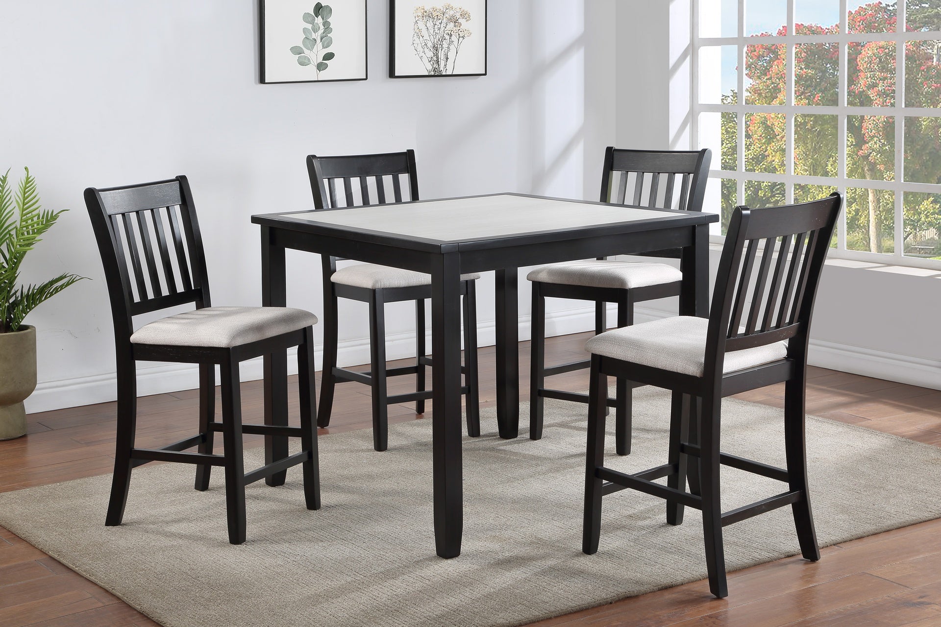 5 Pc Counter Height Set Square Table Upholstered Chairs Tow-Tone Dark Brown Finish Wooden Bedroom Furniture