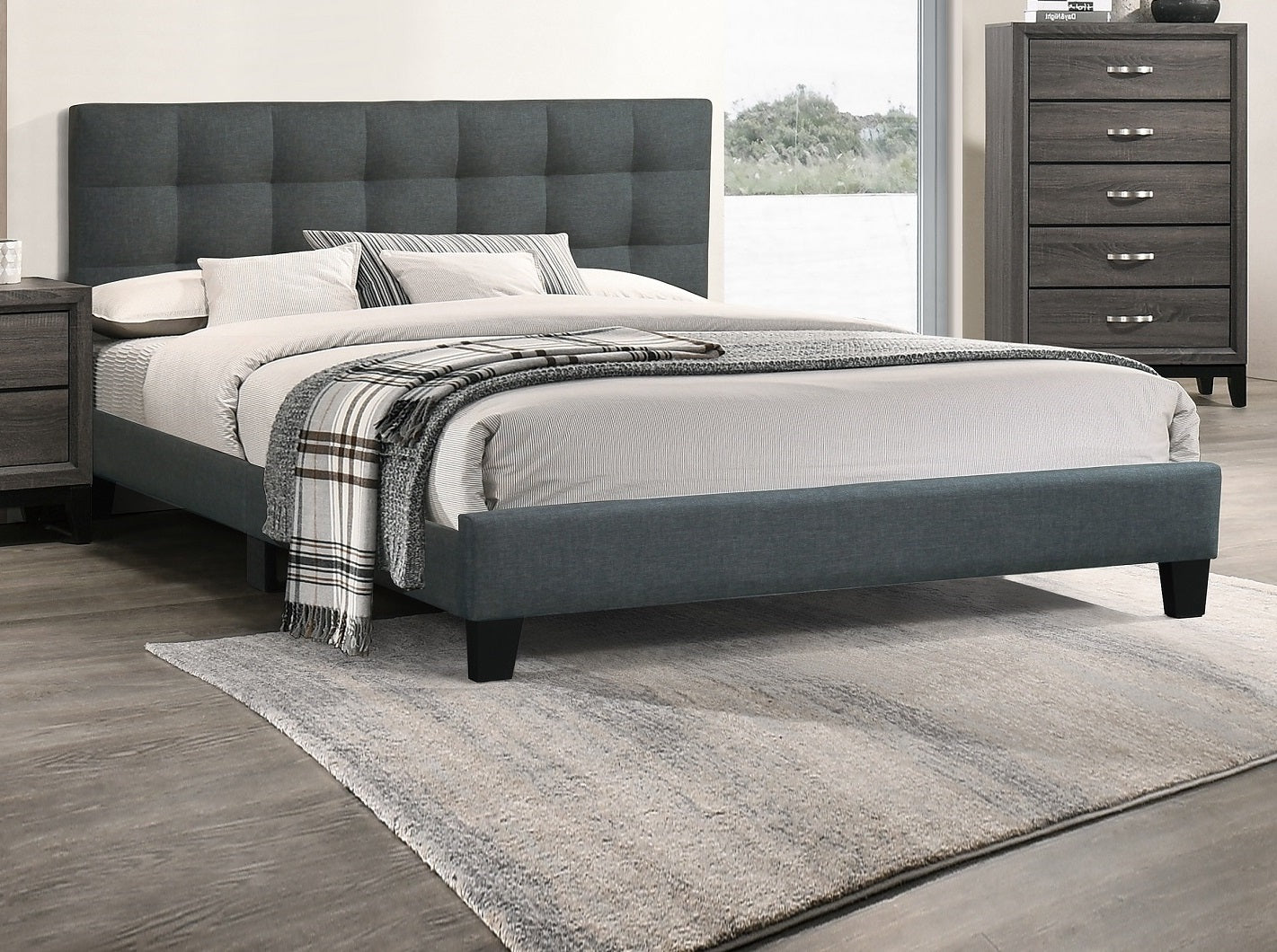 Modern 1pc Full Size Bed Charcoal Polyfiber Tufted Headboard Platform Bedframe Bedroom Furniture