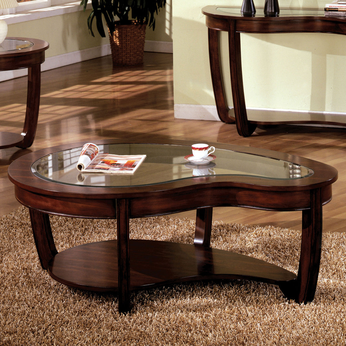 Dark Cherry 1pc COFFEE TABLE Open Bottom Shelf Unique Design Glass Insert Top Living Room Furniture