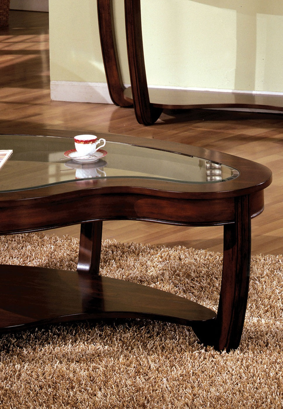 Dark Cherry 1pc COFFEE TABLE Open Bottom Shelf Unique Design Glass Insert Top Living Room Furniture