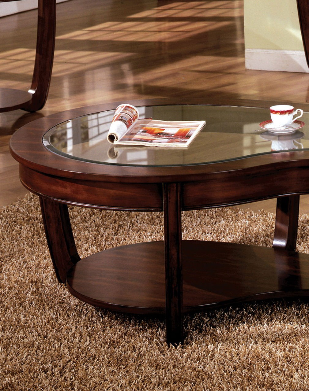 Dark Cherry 1pc COFFEE TABLE Open Bottom Shelf Unique Design Glass Insert Top Living Room Furniture