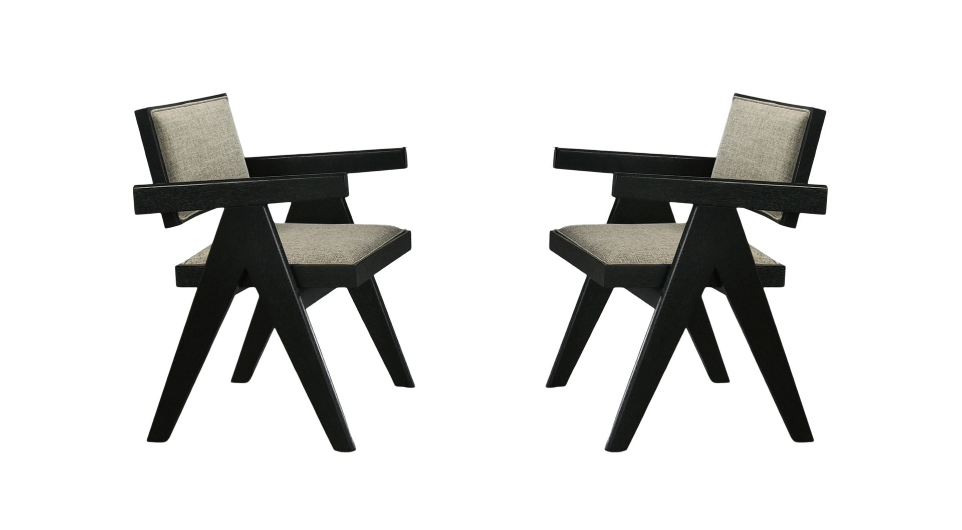 Contemporary Black Color 2pc Dining Arm Chairs Light Gray Fabric Upholstered Chairs Plank Arms Dining Room