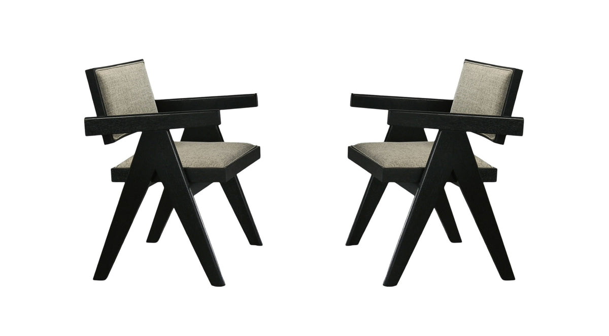Contemporary Black Color 2pc Dining Arm Chairs Light Gray Fabric Upholstered Chairs Plank Arms Dining Room