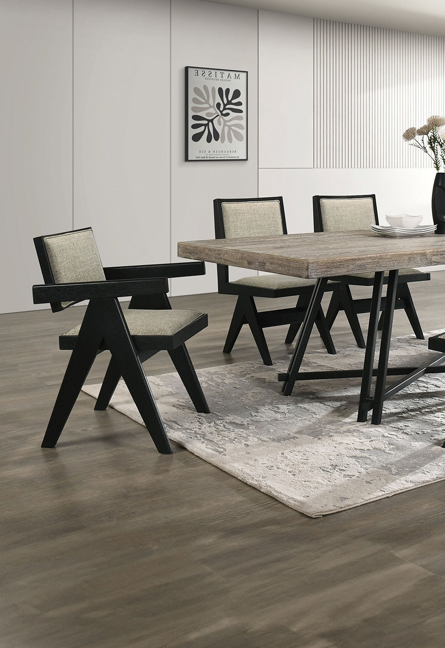 Contemporary Black Color 2pc Dining Arm Chairs Light Gray Fabric Upholstered Chairs Plank Arms Dining Room