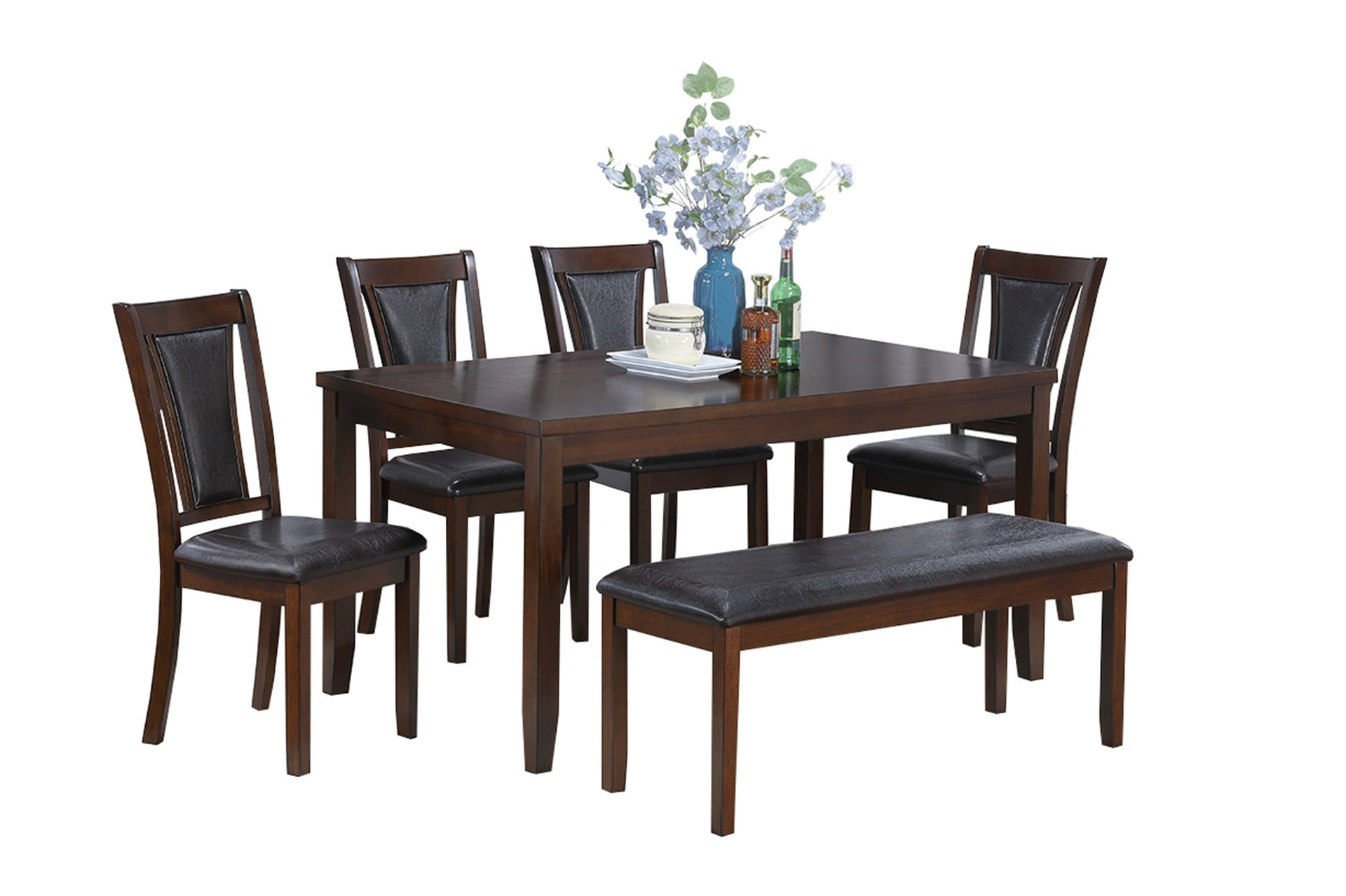 Beautiful Dining Room Furniture Walnut / Black 6pcs Set Dining Table 4x Side Chairs Bench Unique Design Back Chair